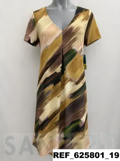 [625801] vestido escote pico pliegue estampado