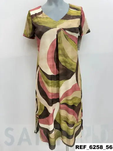 [625801] vestido escote pico pliegue estampado