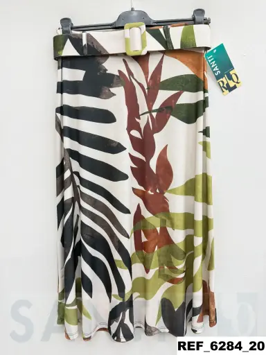 [628400] falda media capa cinturon estampada