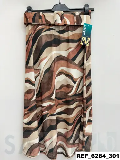 [628401] falda media capa cinturon estampada